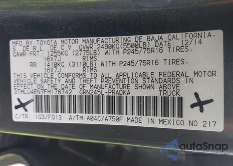 2015 Toyota Tacoma Base V6 из США, поврежденный, VIN 3TMLU4EN7FM176742